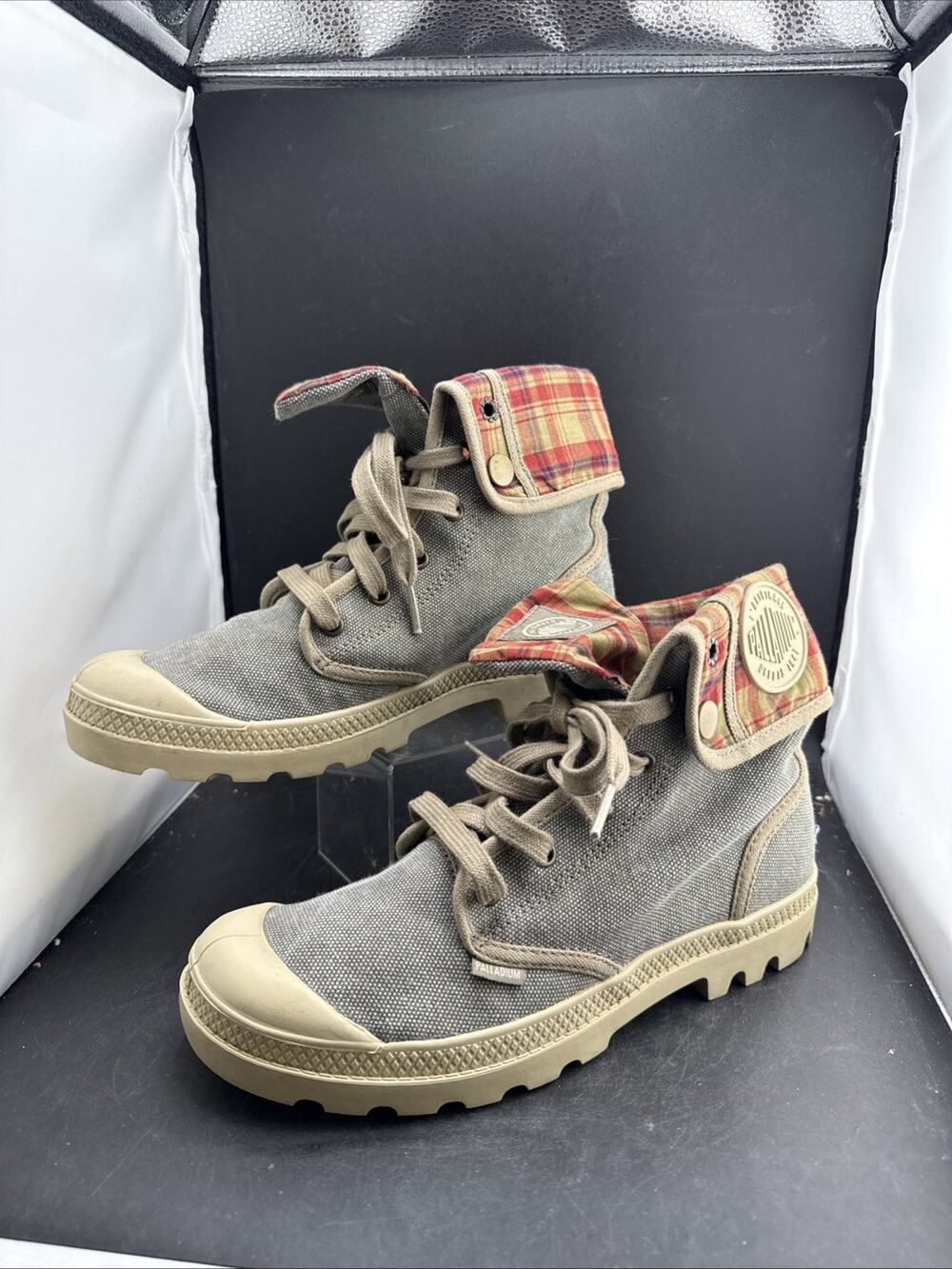 Palladium Baggy Canvas Plaid Fold Over Boots Women’s 8 Gray Lace Up 92363200